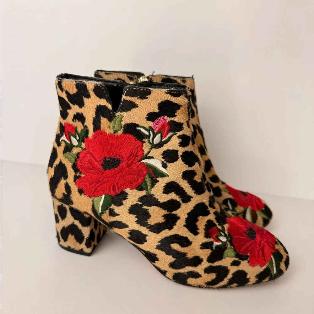 Kate Spade Langton Leopard Real Fur Calf Hair‎ Floral Embroidered Ankle Boots 6